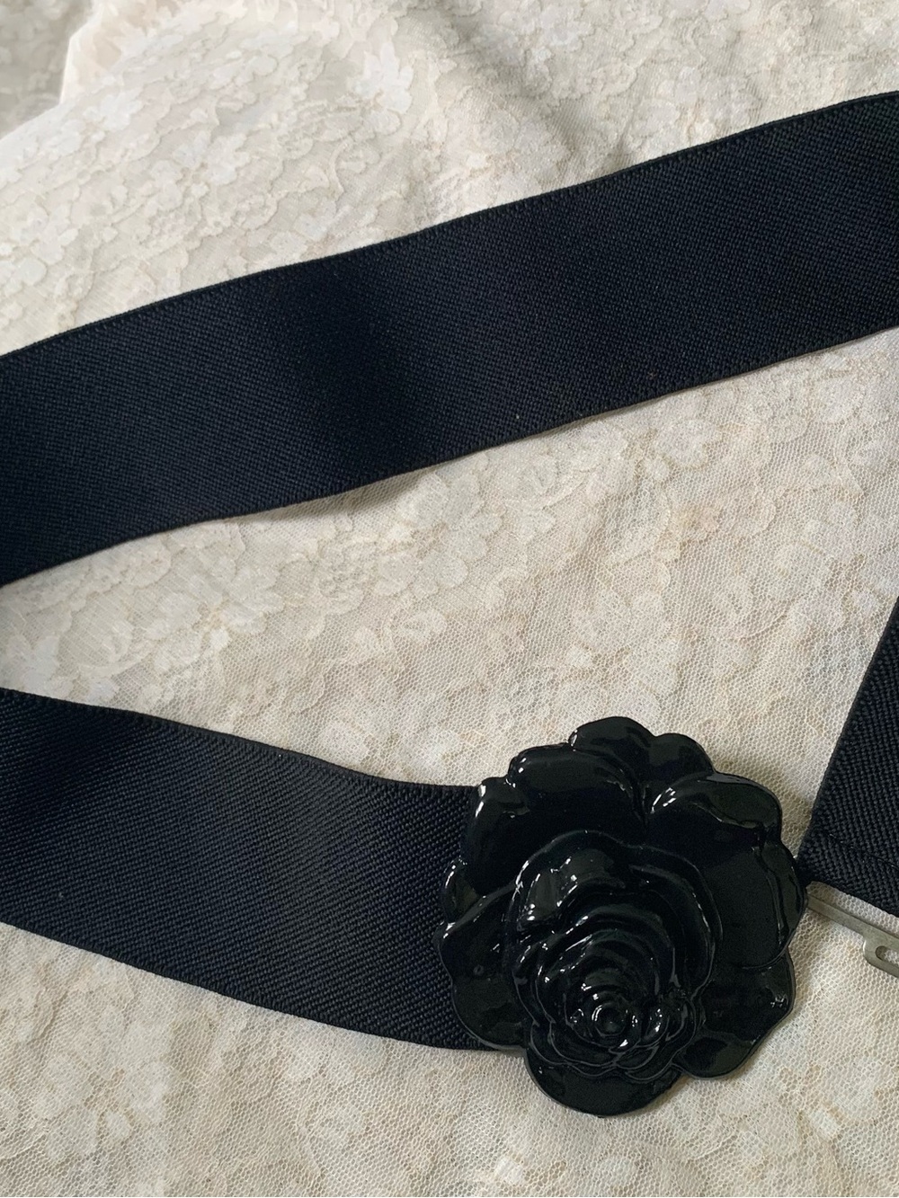 Women’s Black Rose Flower Elastic Stretch Belt | Retro Wide Dress Cinch Band